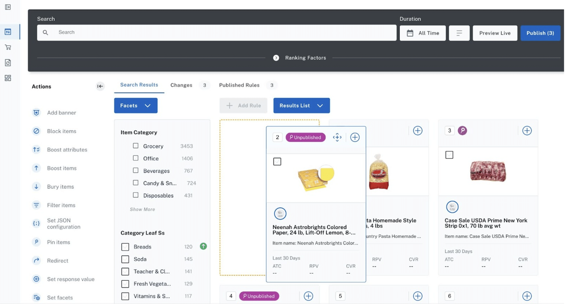 Commerce Studio Screenshot showing Drag and Drop interface for search results